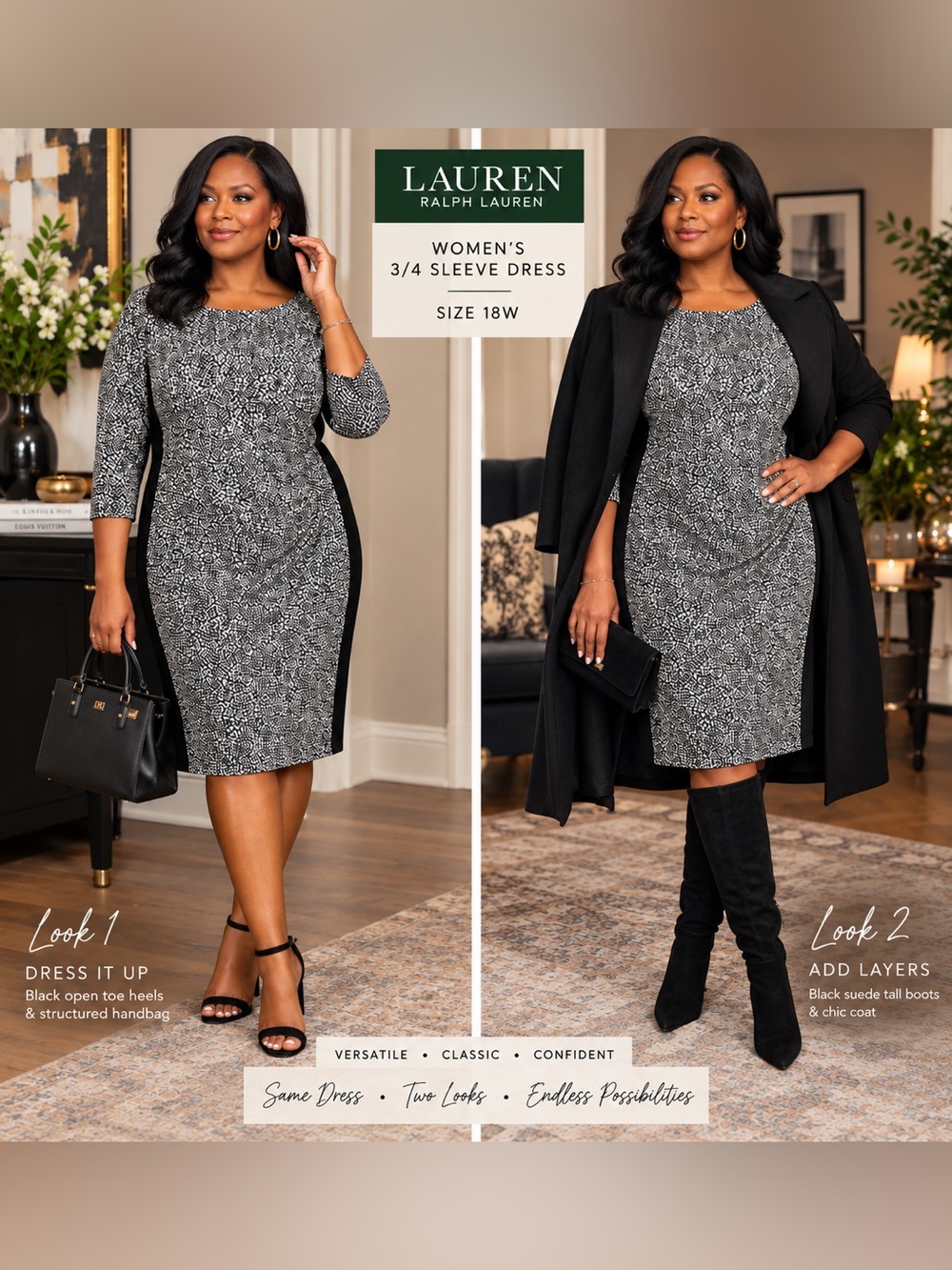 LAUREN Ralph Lauren Black & White Patterned 3/4 Sleeve Sheath Dress Sz 18W